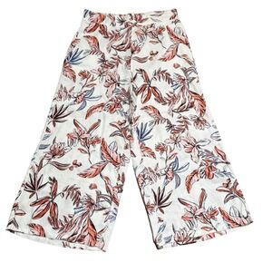 Tahari Linen Cropped Wide Leg Pull On Pants Large Floral Resort Tropical Coastal